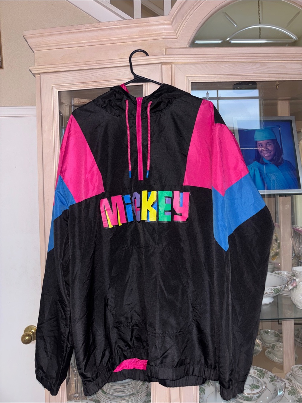 Disney Black Windbreaker with Pink & Blue Colorblock and Multicolor 'Mickey'